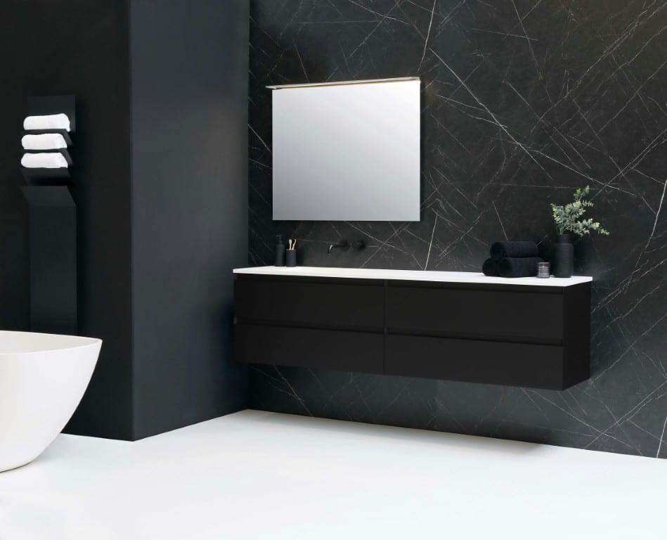 Dark modern luxury bathroom with floating vanity and marble walls in Orange County