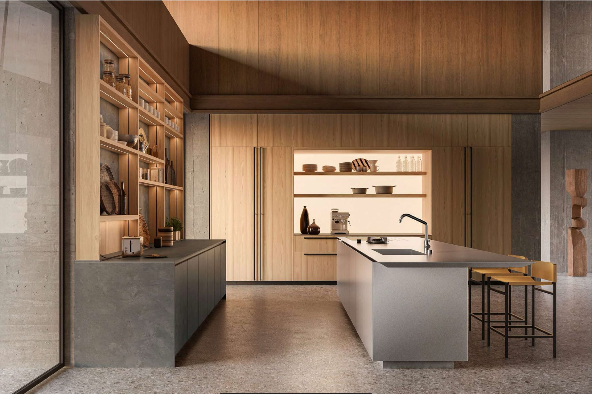 Architeto architectural kitchen with dramatic volumes and geometric cabinetry in luxury Los Angeles residence