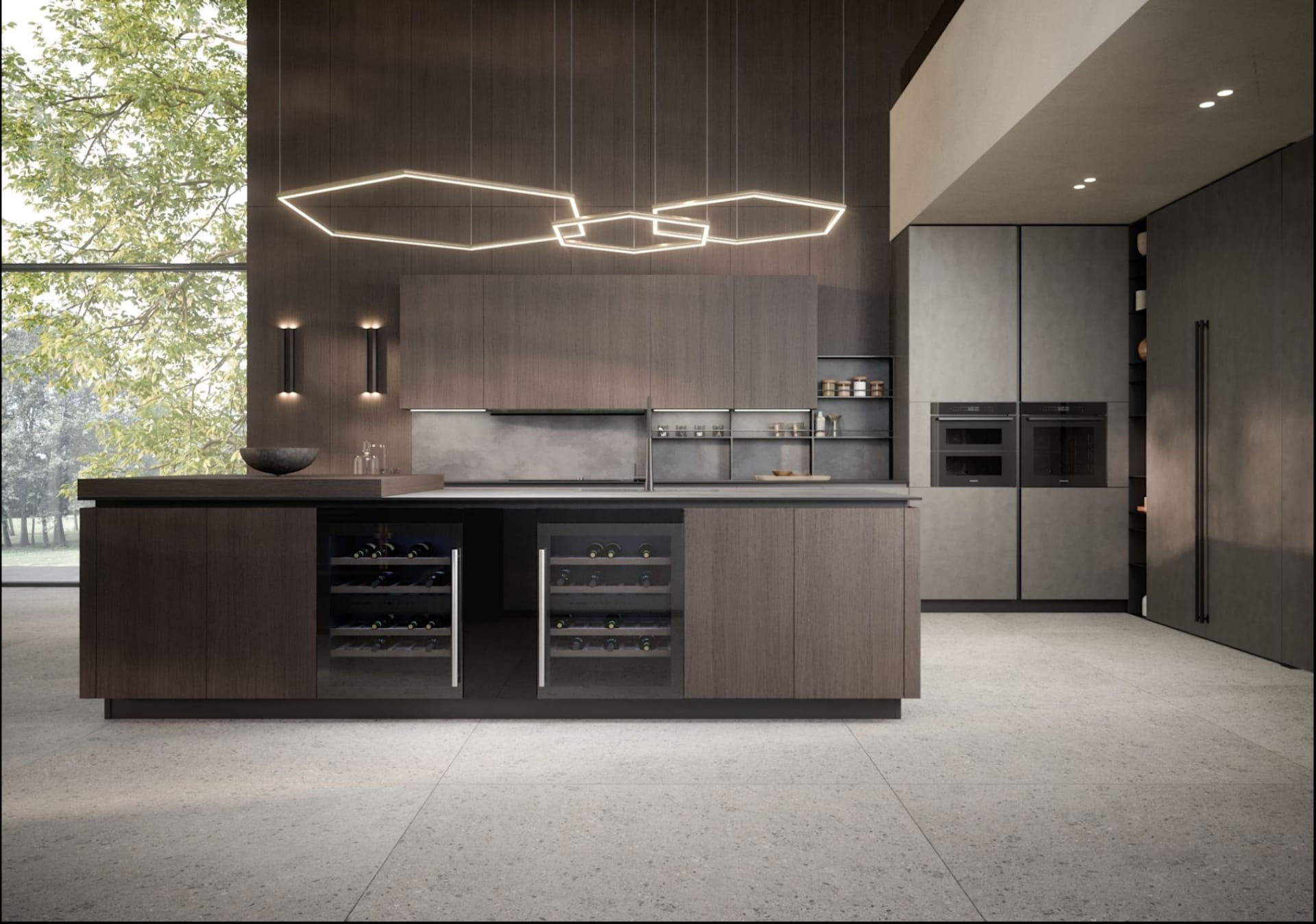 Urbana kitchen detail with cement-effect surfaces and blackened steel framework